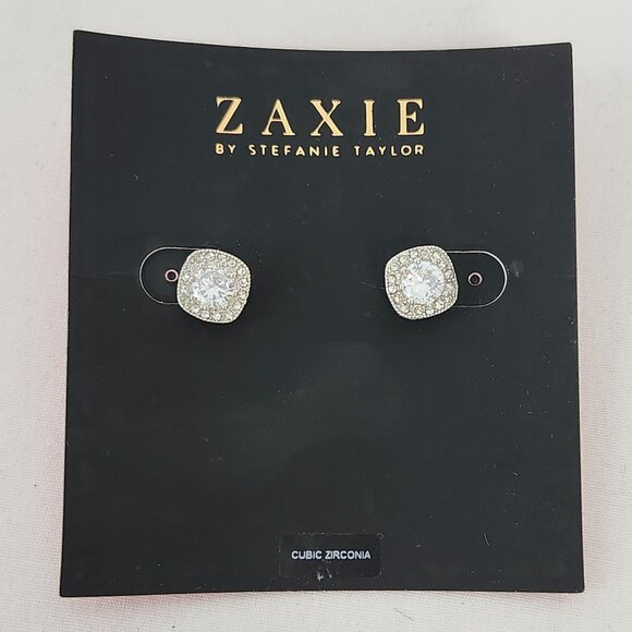 Cushion Cut Cubic Zirconia Halo Stud Earrings Zaxie By Stefanie Taylor NWT - Picture 2 of 6